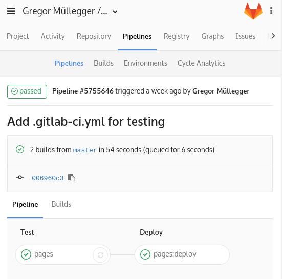 Screenshot of GitLab pipelines successful build