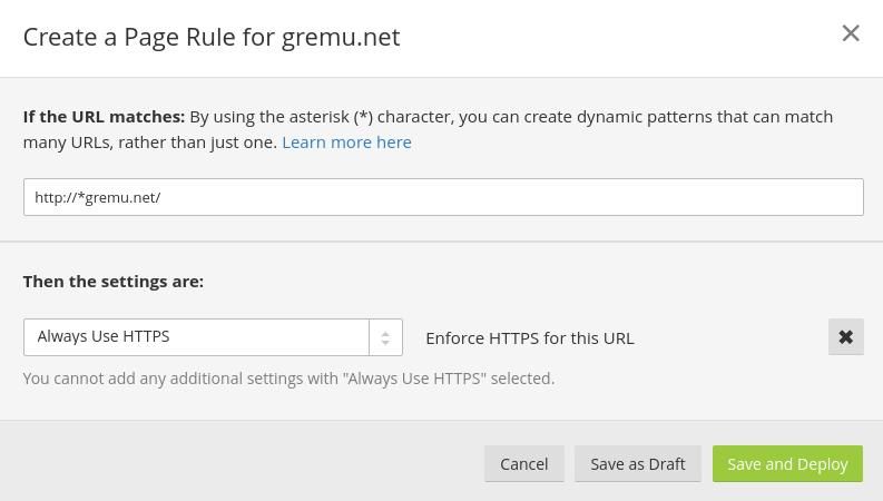 Setting up a Cloudflare page rule that redirects all HTTP traffic to HTTPS.