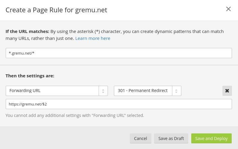 Setting up a Cloudflare page rule to redirect www. subdomain to gremu.net without www.